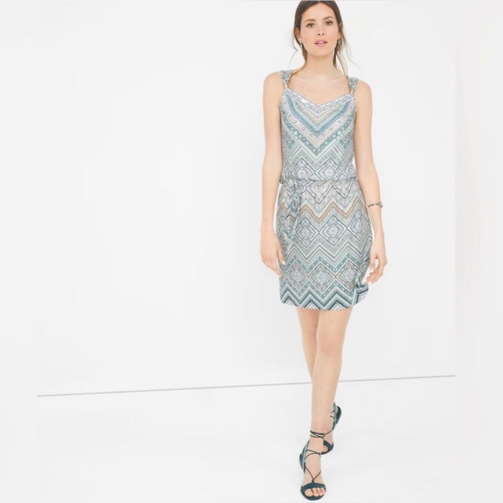 White House Black Market Aqua and tan blouson dress size small